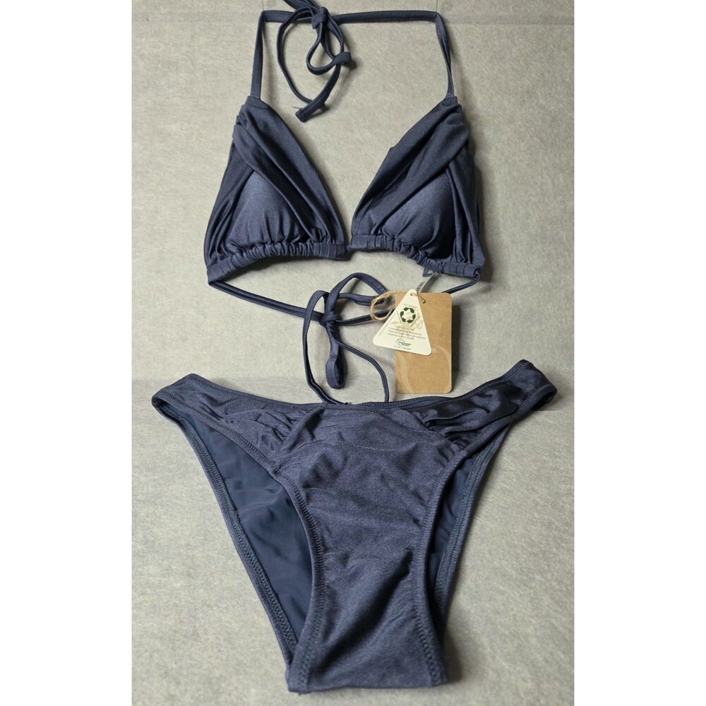 BERLOOK Shimmer Navy Triangle Bikini Set Size S Halter Tie Ruched Adjustable NWT